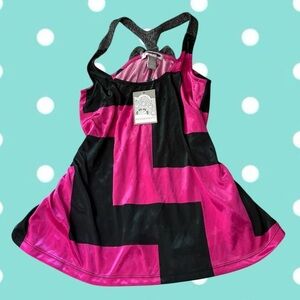 Vintage Y2K Hot Pink & Black Chevron Tank Top with Sparkling Straps & Bow